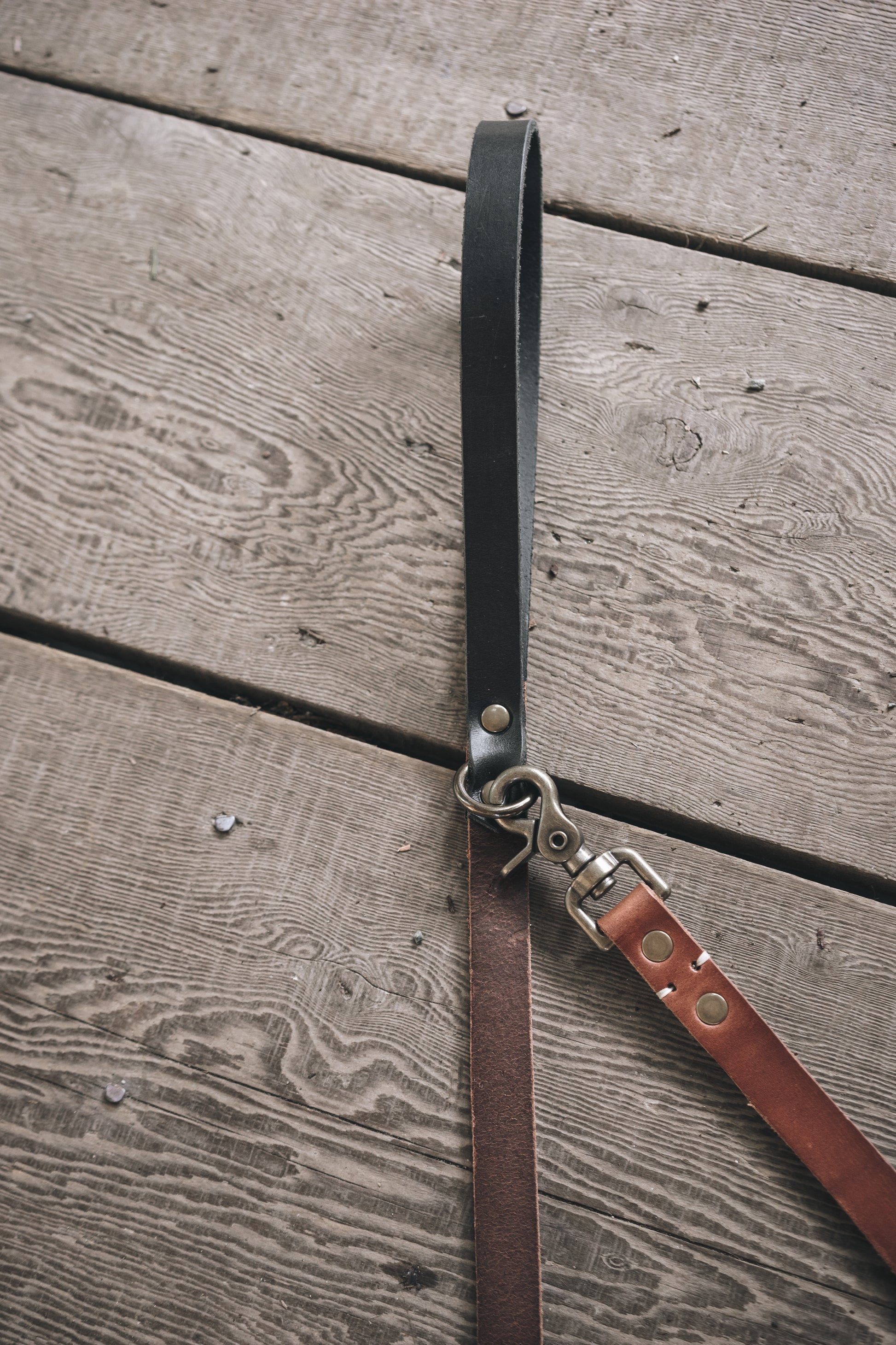 handmade in Canada leather dog leash in brown with solid brass hardware