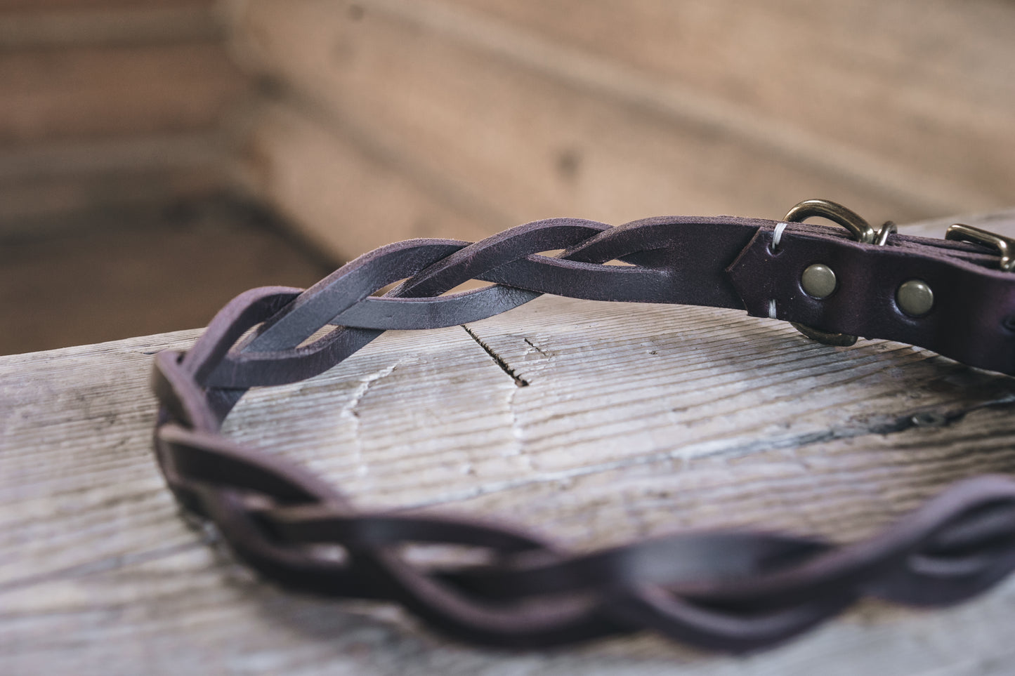 handmade in Canada leather dog collar braided in brown with solid brass hardware