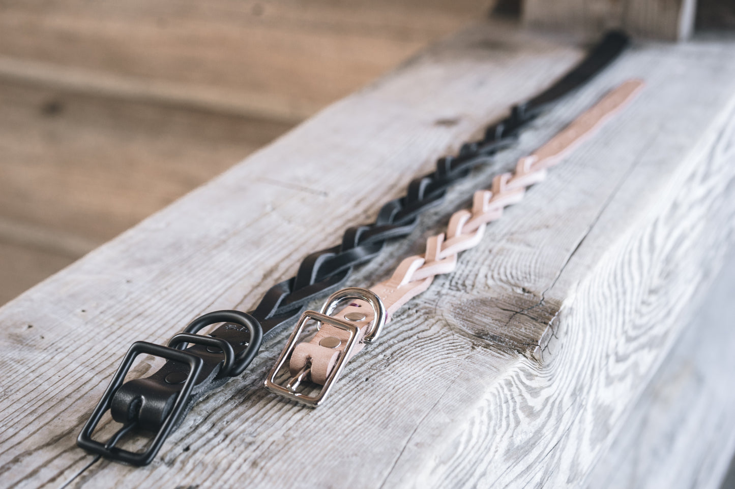 handmade in Canada leather dog collar braided in black with solid brass hardware