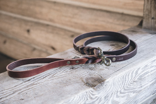 handmade in Canada leather dog leash in brown with solid brass hardware