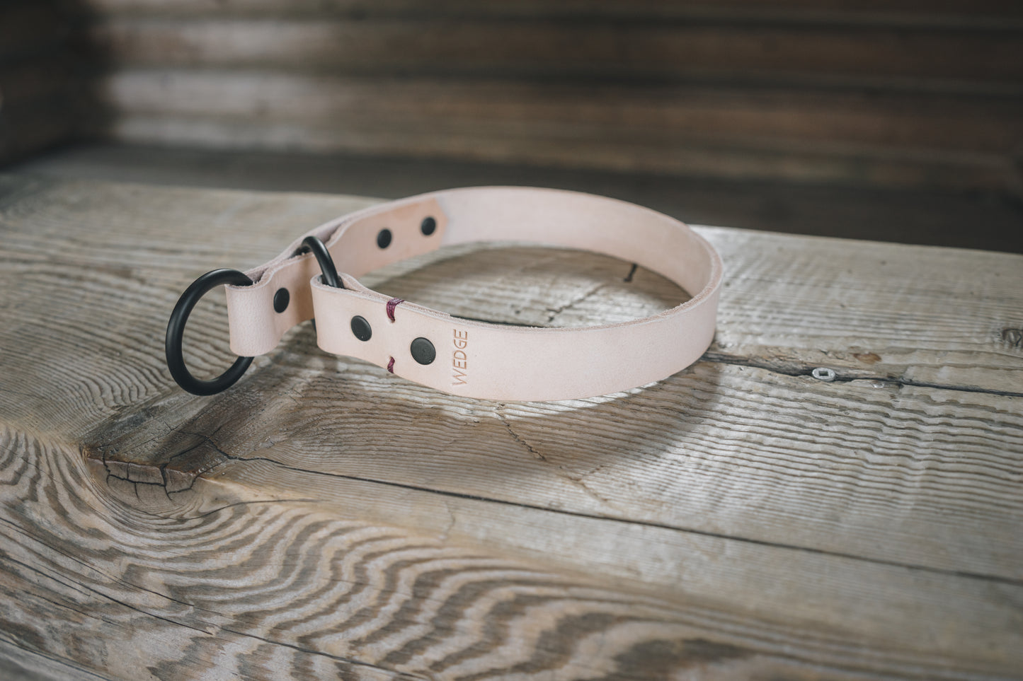 handmade in Canada leather limited slip dog collar in natural with black hardware