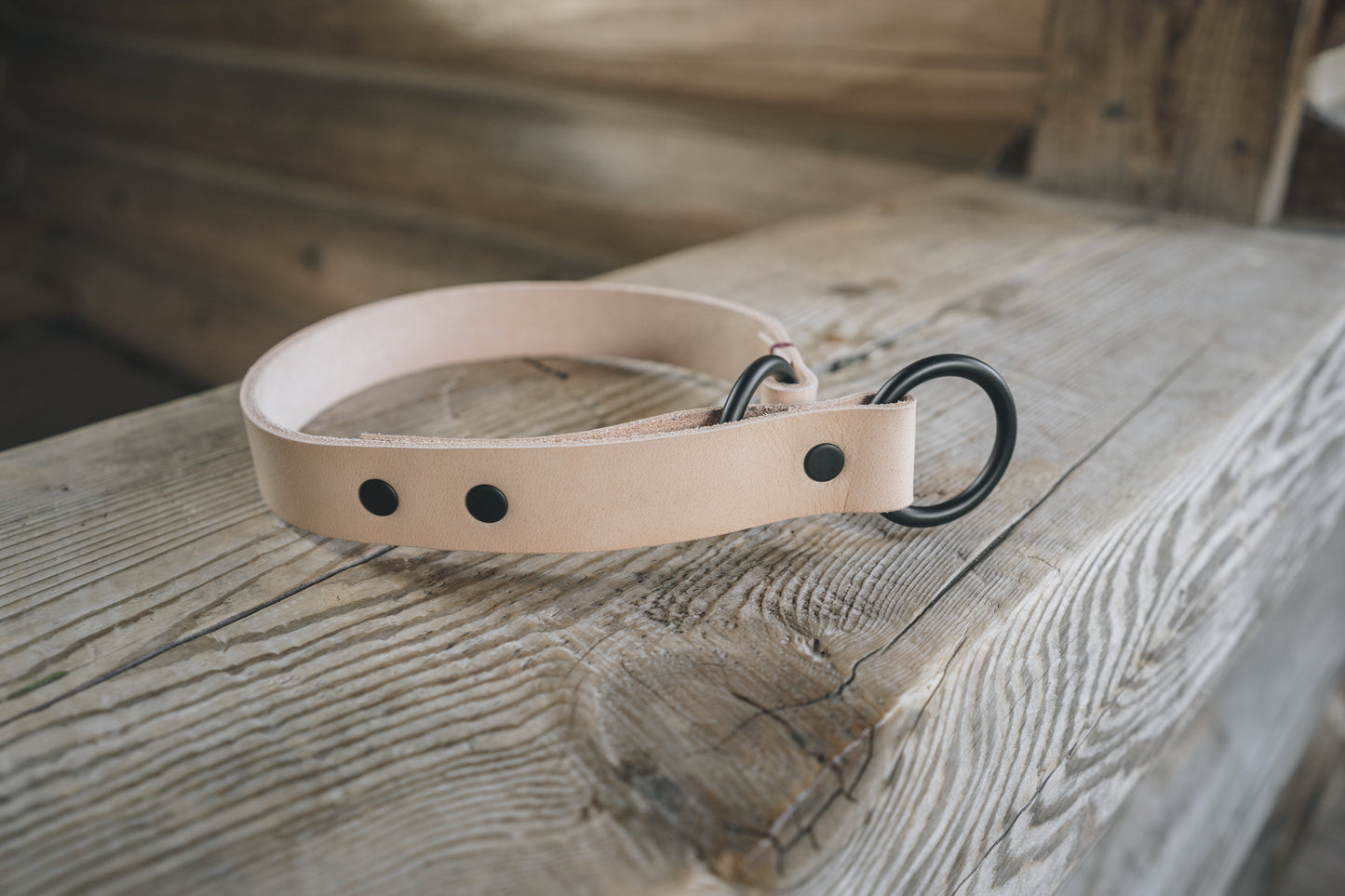 handmade in Canada leather limited slip dog collar in natural with black hardware