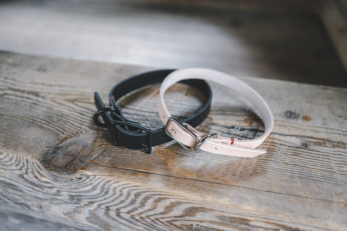 handmade in Canada leather dog collar in black and natural with black and silver buckle hardware