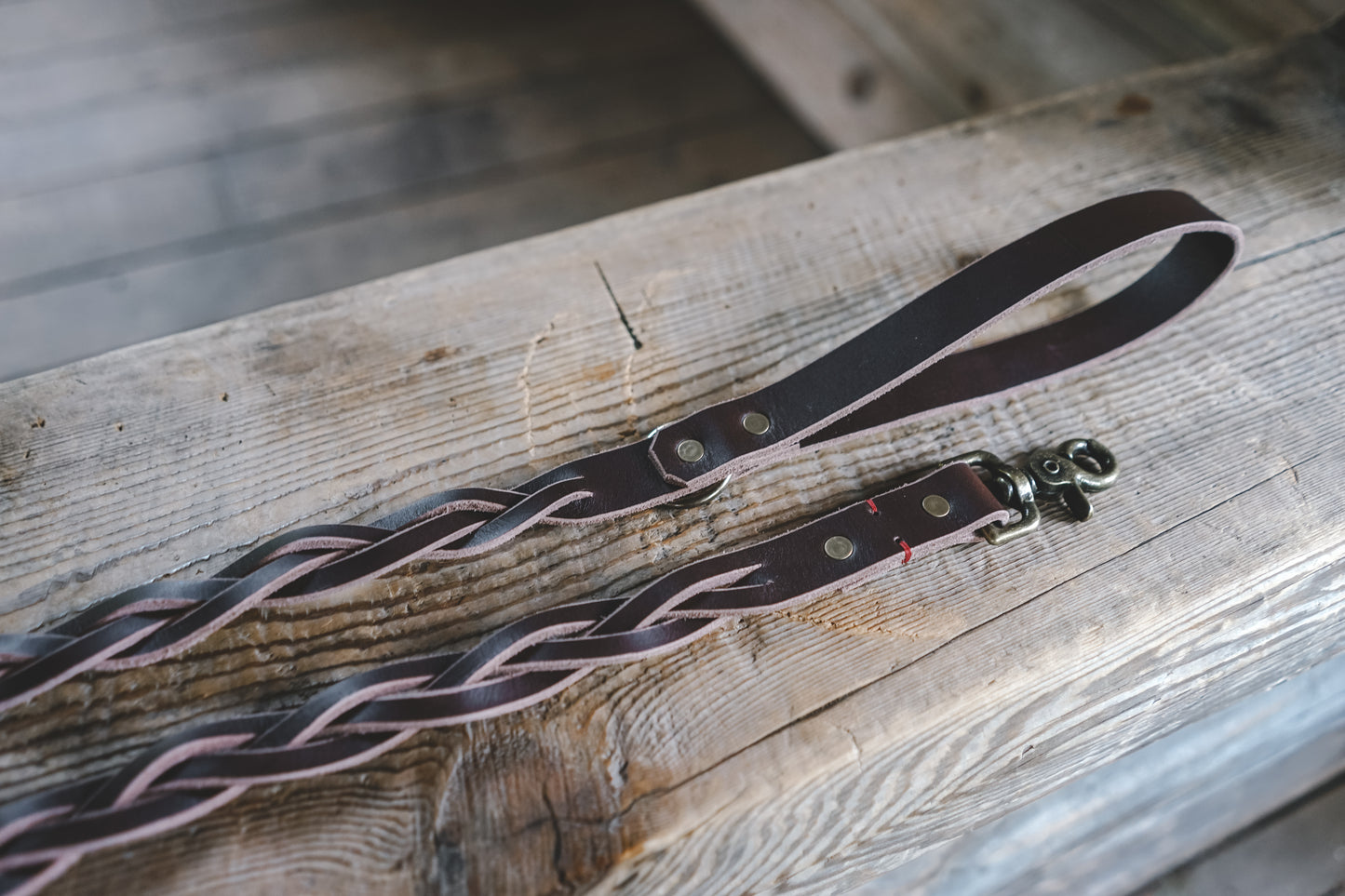 handmade in Canada braided leather dog leash in brown with antique brass hardware